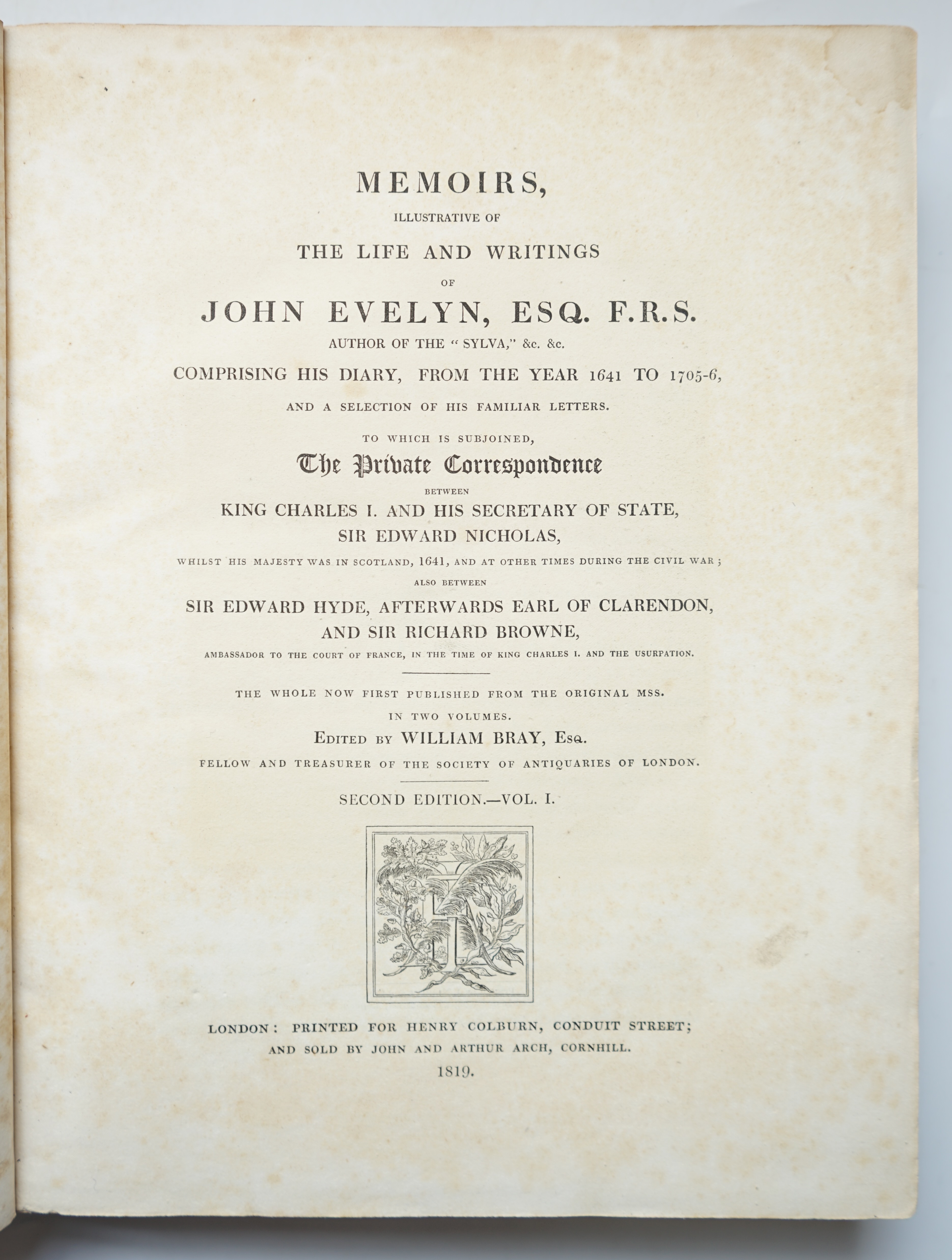 Evelyn , John - Memoirs Illustrative of the Life and Writings of John Evelyn, Esq. F.R.S., edited by William Bray, 2 Vols, 2nd edition, large paper copy, rebound quarter calf with renewed endpapers, with 12 engraved plat